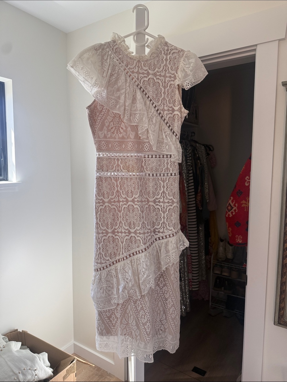Sea New York Blush Lace Ruffle Midi Dress with High Neck